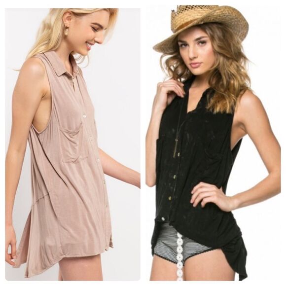 BLACK Button Down Sleeveless Tunic - Picture 2 of 10